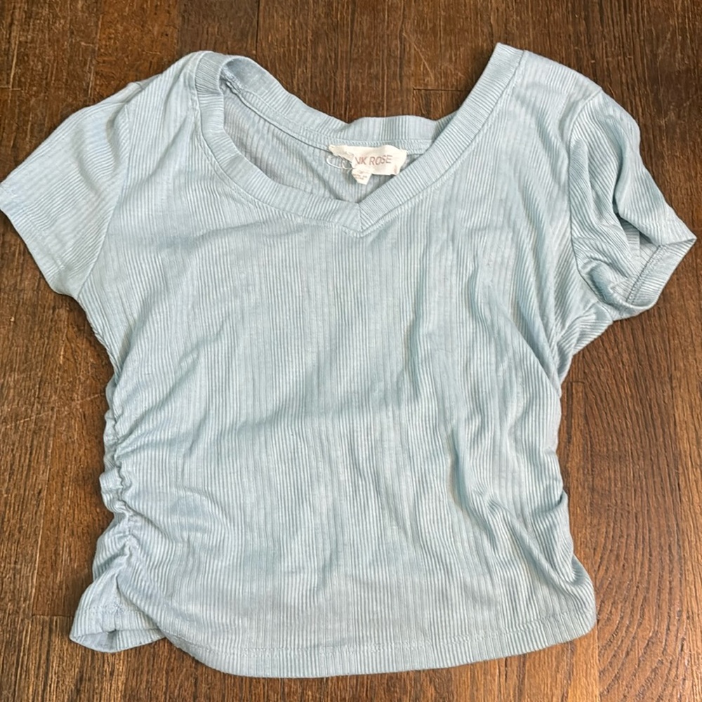 Light blue slightly cropped t shirt with scrunch on the sides